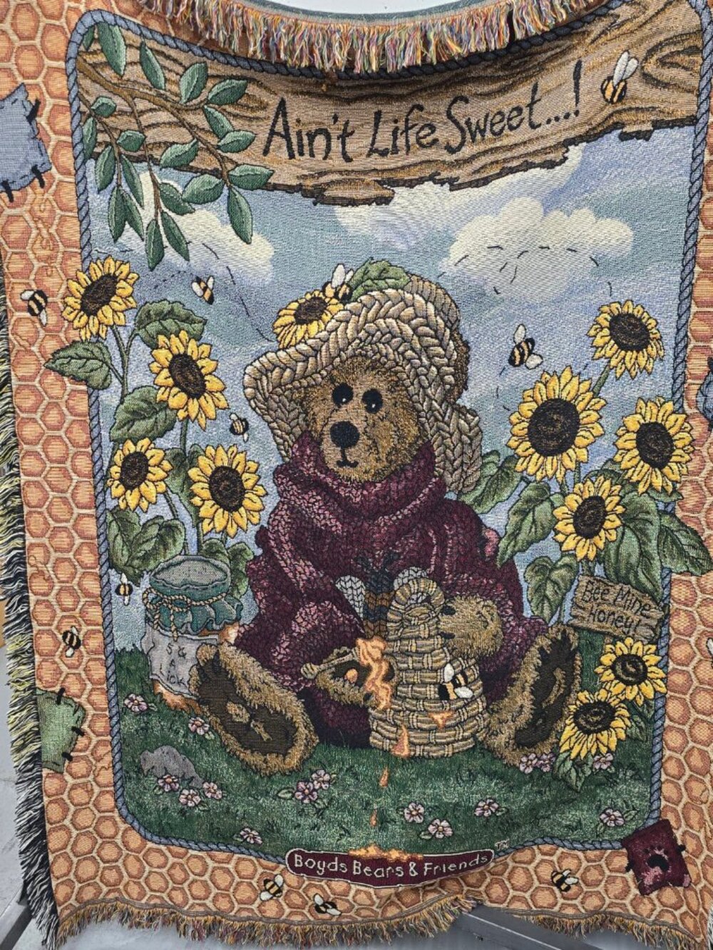 Vintage Boyds Bears & Friends Woven Throw Blanket Sunflowers Bees